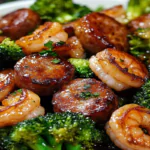 honey garlic shrimp sausage and broccoli