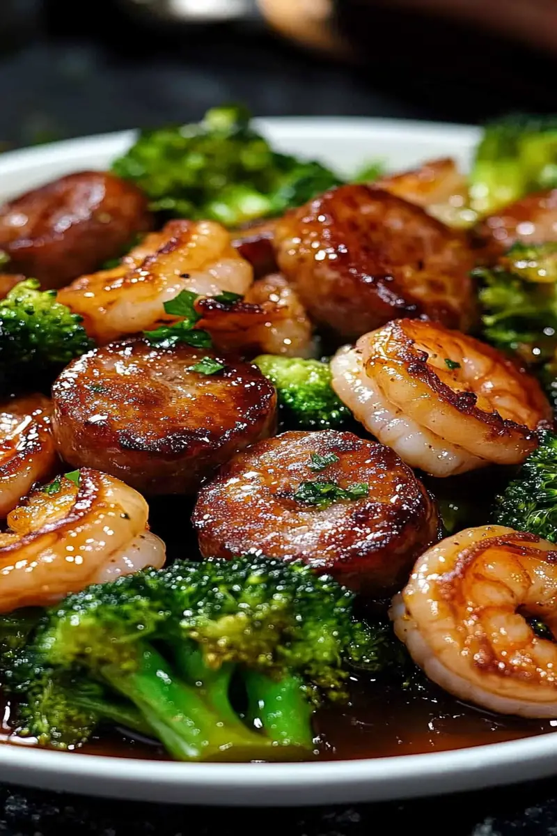 honey garlic shrimp sausage and broccoli