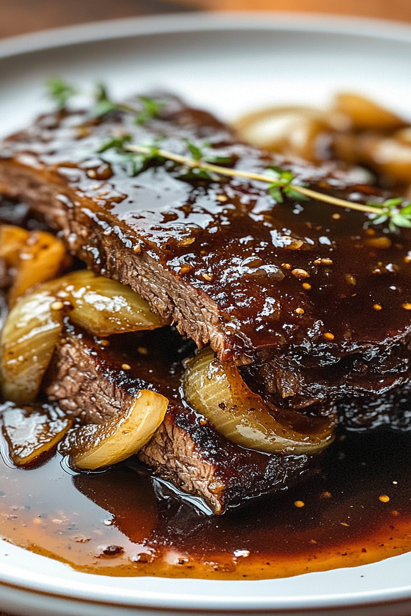 Cooker Brisket with Balsamic Onion Gravy Dish